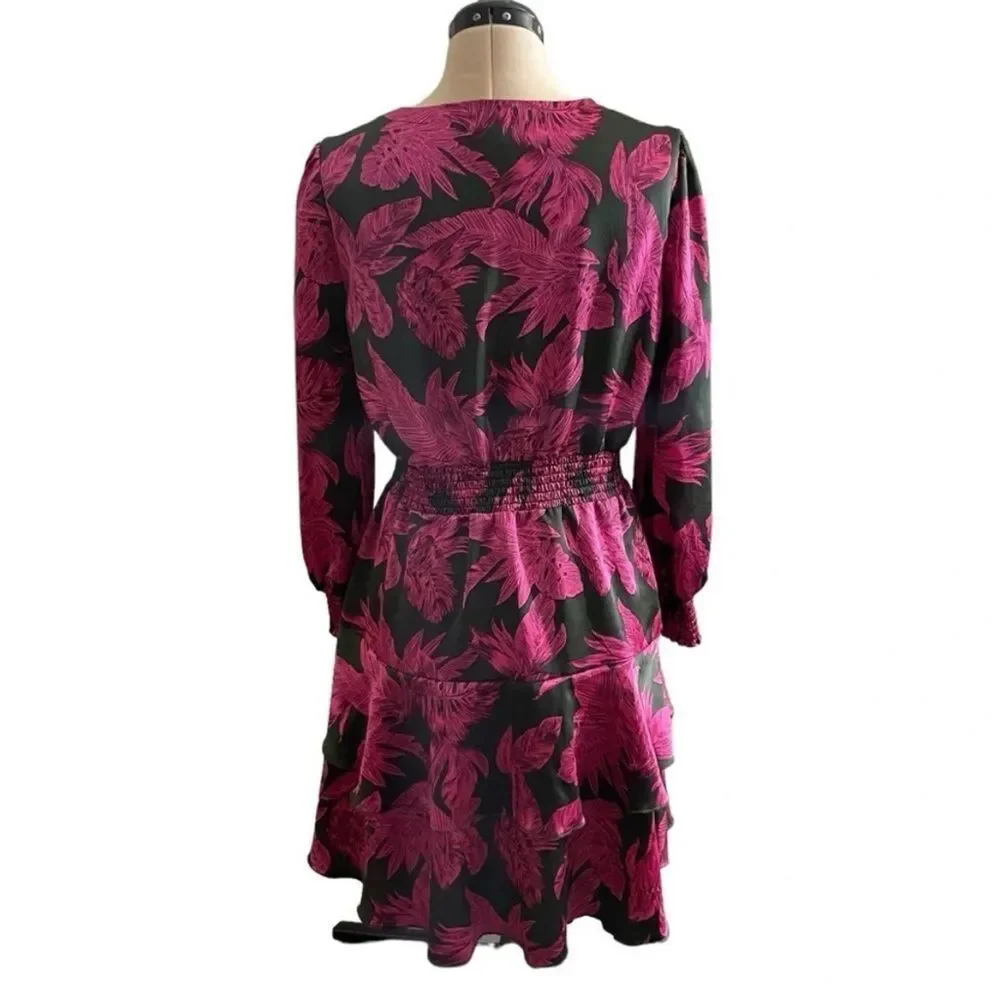 Sam Edelman Tropical Palm Mini Dress Smocked Waist Tiered Long Sleeve Pink Black